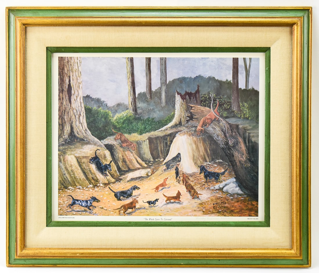 MICKY HELMS 'THE PACK GOES TO GROUND' SIGNED LITHOGRAPH: Limited edition lithographic print on paper by artist, Micky Helms, signed lower right, numbered 38/250 and titled "The Pack goes to Ground". Art measures 16" H x 20" W presented in a frame measuring 