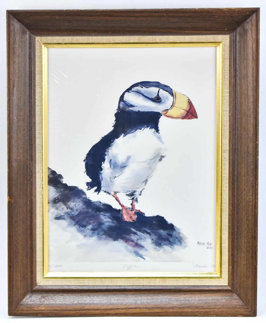 MARION MOIR 'PUFFIN' SIGNED LITHOGRAPH: Limited edition lithographic print on paper by Oregon artist, Marion Moir, signed lower right, dated 1983, numbered 745/1000, lower left, and titled "Puffin". Art measures 15.5" H x 11.