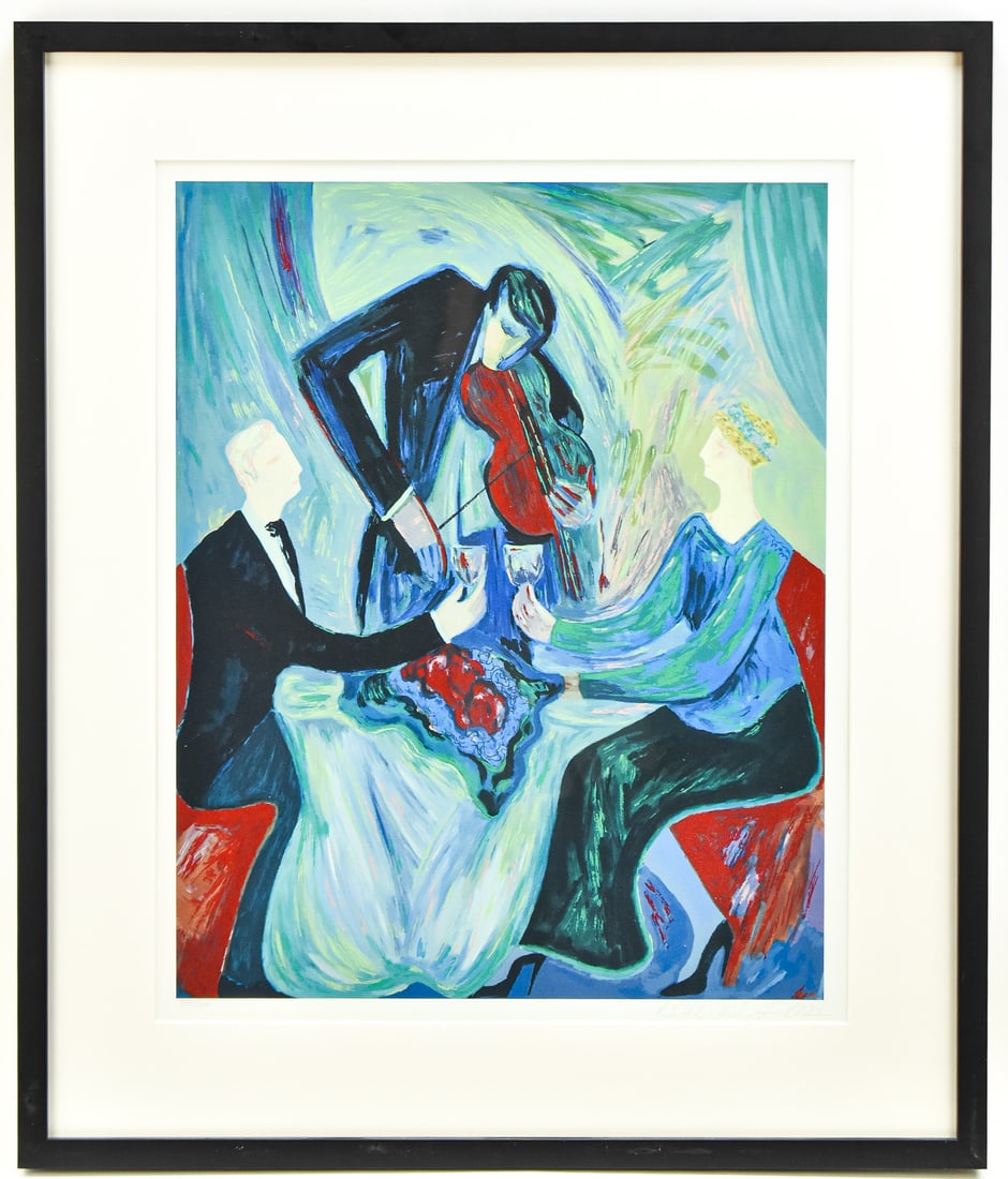 BARBARA WOOD 'DINNER FOR TWO' SIGNED SERIGRAPH: Limited edition serigraph print "Dinner for Two" on paper by listed artist, Barbara A. Wood (OH, CA, 20/21st century), signed lower right and numbered 959/1250, lower left. Art measures 22&q