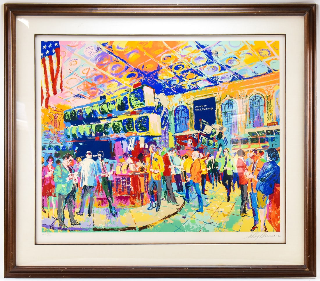 LEROY NEIMAN 'AMERICAN STOCK EXCHANGE' SIGNED ARTIST PROOF SERIGRAPH: Limited edition artist proof serigraph "American Stock Exchange" on paper by listed artist, LeRoy Neiman (MN, 1921-2012), signed lower right and numbered 88/100. Art measures 33" H x 40