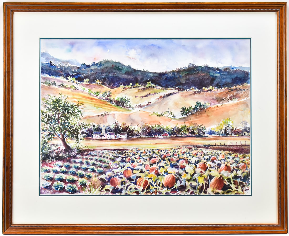 CHRISTOPHER BECHLER 'THE PUMPKIN PATCH' WATERCOLOR: Original watercolor painting on paper by Oregon artist, Christopher Bechler, signed middle right. Features a village landscape with a pumpkin patch in the foreground. Art measures 22" H x 29" W presen