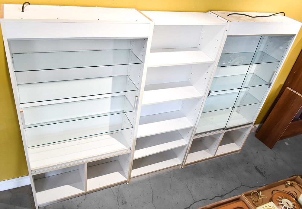THREE WHITE MODERN DISPLAY BOOKCASES - 2