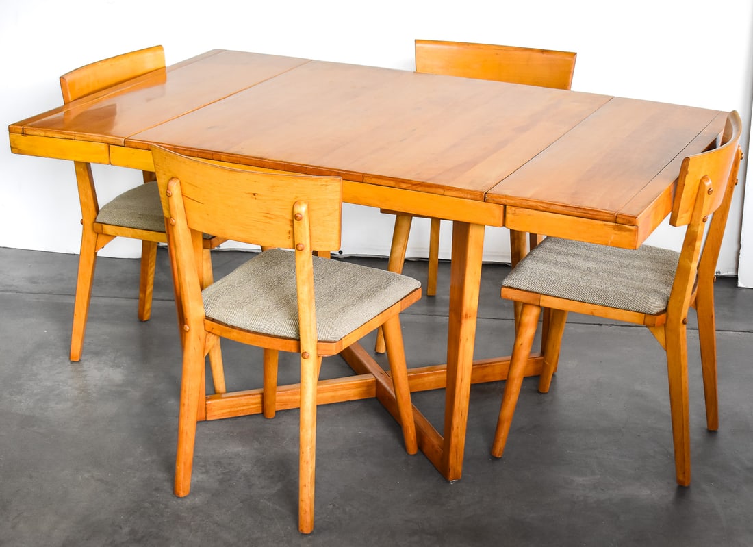 CONANT BALL FURNITURE MAKERS MID-CENTURY MODERN MAPLE TABLE WITH FOUR CHAIRS: A Conant Ball Furniture Makers Mid-Century Modern maple table with four chairs. The table measures 30" H, 38" W, 38" D.