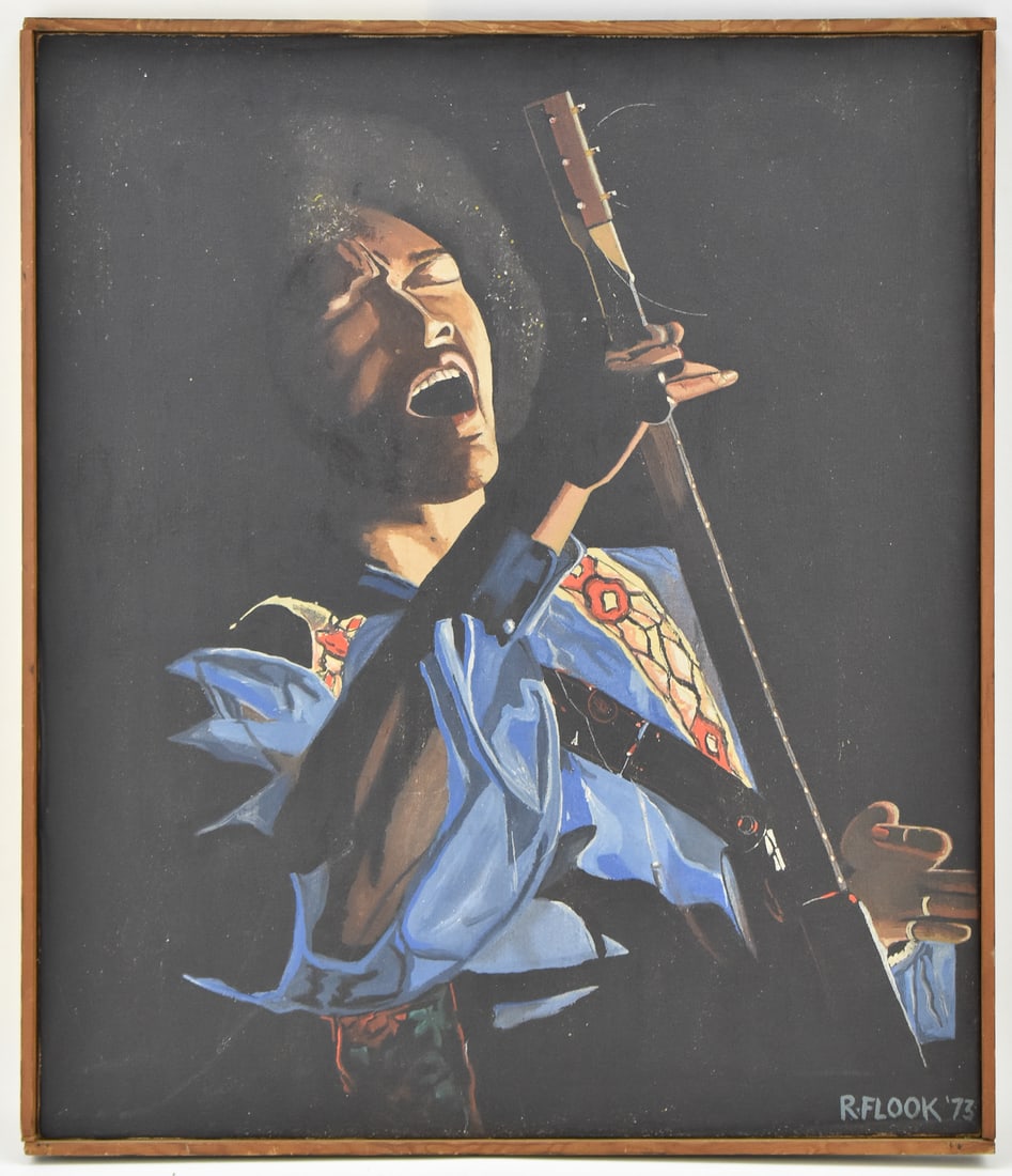 R. FLOOK 'JIMI HENDRIX ON GUITAR' OIL PAINTING (1 of 4)