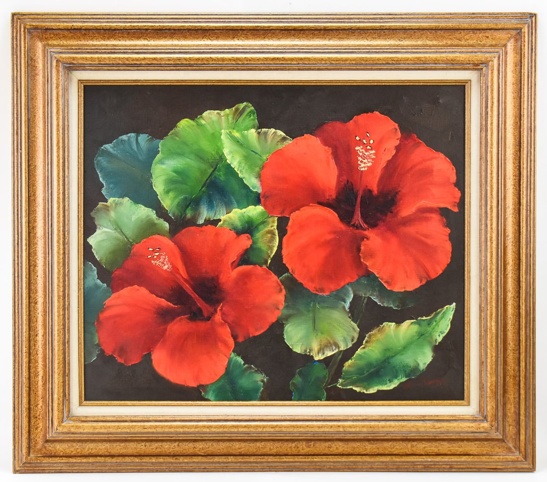 JULIE GREGORY 'HIBISCUS FLOWERS' OIL PAINTING (1 of 3)