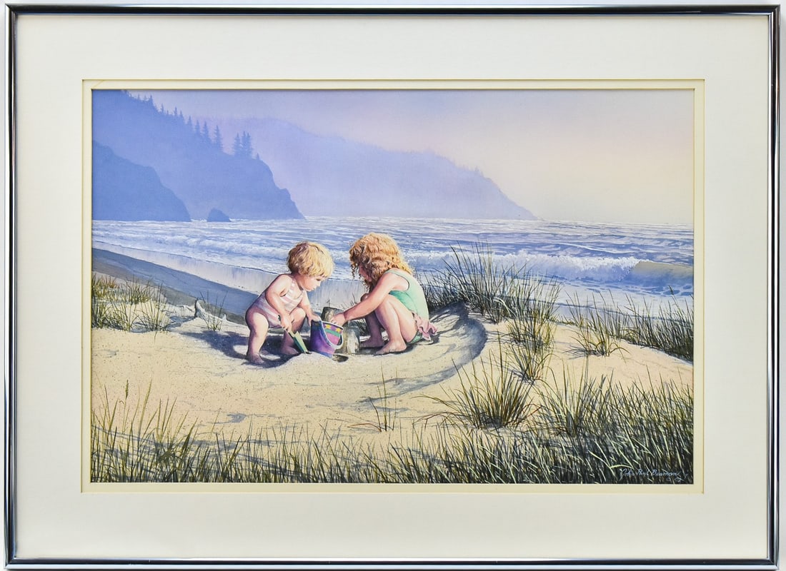 JOHN PAUL (JACK) BRAMAN 'DAY AT THE BEACH' ACRYLIC PAINTING: Original acrylic painting on paper by listed Northwest artist, John Paul (Jack) Braman (OR, WA, 20th Century), signed lower right and dated '92. Features a coastal northwest beach scene with girls