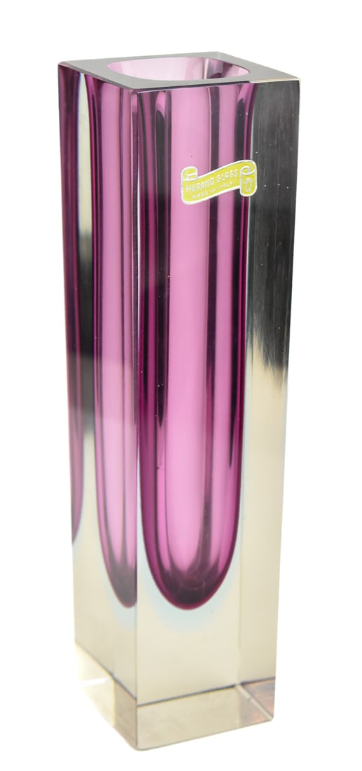 MURANO GLASS SOMMERSO AMETHYST VASE: A Murano Glass Flavio Poli/Alesandro Mandruzzato style Sommerso vase with sticker label, circa late 20th century. The item measures 10" H, 2.5" W, 2.5" D.