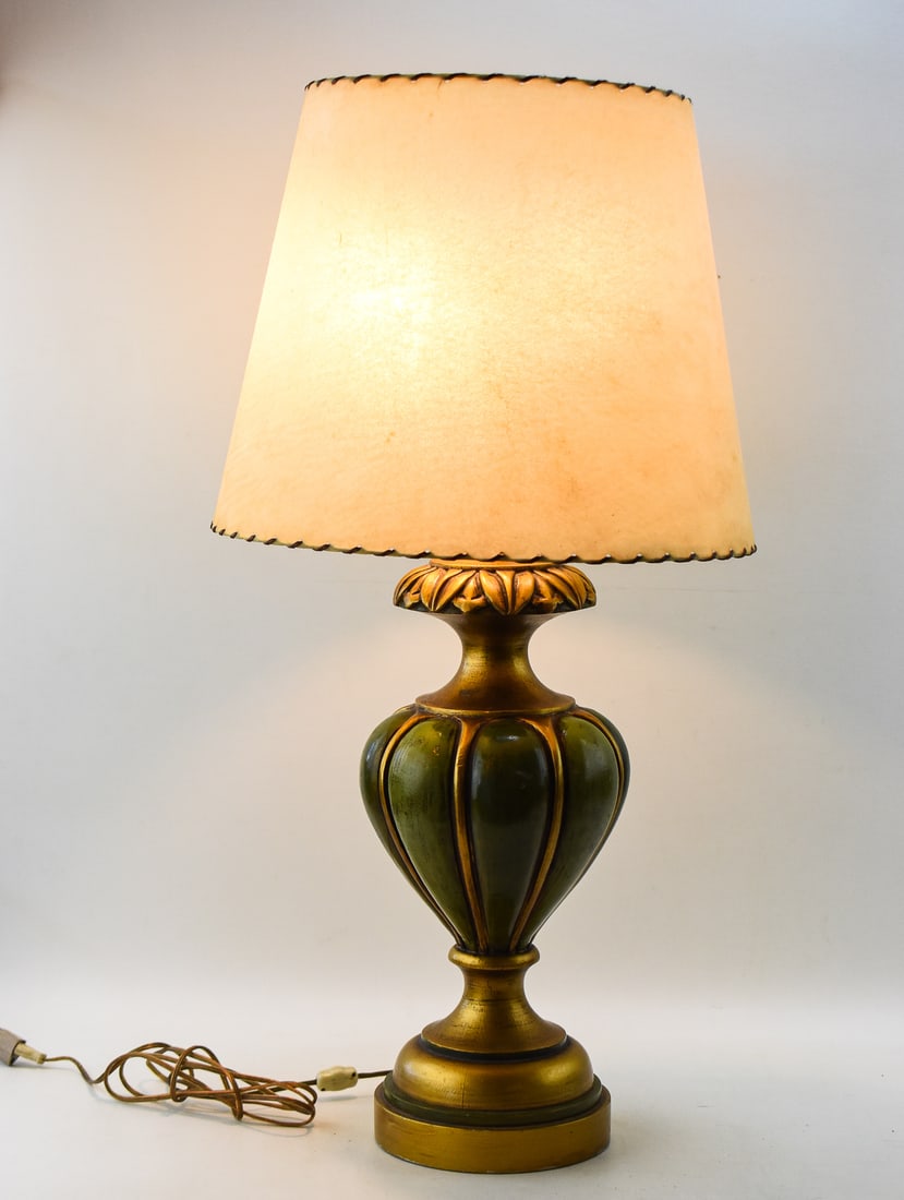 MARBRO MID-CENTURY HOLLYWOOD REGENCY-STYLE GREEN & GOLD CERAMIC TABLE LAMP: A mid-century Hollywood Regency style green and gold ceramic table lamp with a shade, made by the Marbro Lamp Company. The item measures 33.5" H x 16" W x 16" D.