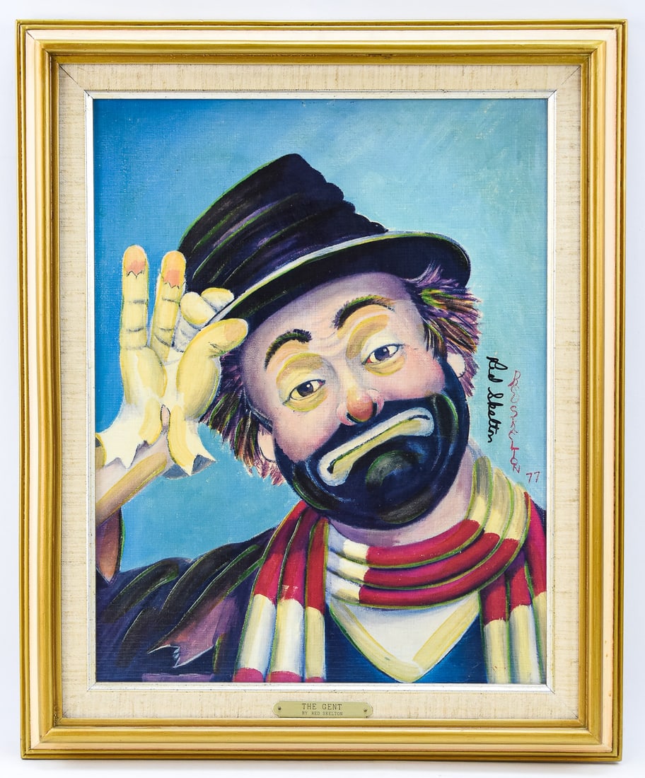RED SKELTON 'THE GENT' SIGNED SERIGRAPH: Limited edition clown serigraph on canvas by listed artist, Richard "Red" Skelton (IN, 1913-1997), signed center right and dated '77. Titled "The Gent" and numbered 2462/5000 on th