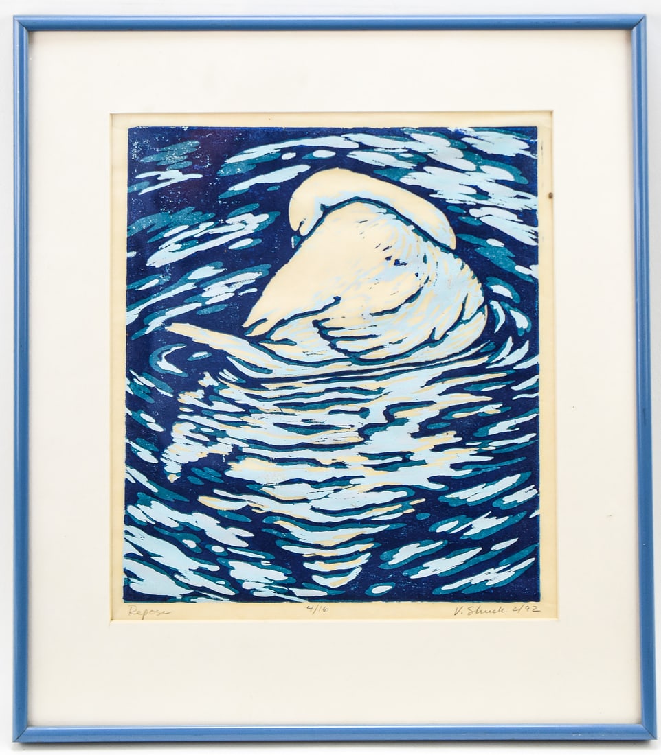 V. SHUCK 'REPOSE' SIGNED BLOCK PRINT: Limited edition block print on paper by artist, V. Shuck, signed lower right and dated 2/92, titled "Repose", lower left and numbered 4/16, center. Art measures 12" H x 10.5" W presented in a frame me
