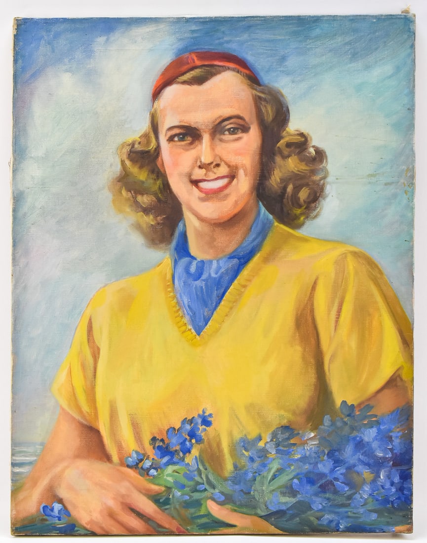 'WOMAN IN A YELLOW' OIL PORTRAIT BY CHARLOTTE MISH: Original woman's oil portrait on canvas by listed Oregon artist, Charlotte Roberta Mish (1903 - 1974). From the artist's estate, as stamped on the verso. Art measures 27" H x 21" W. Artist