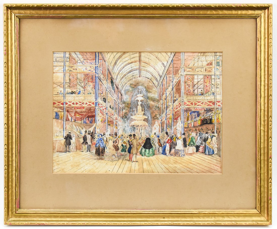 THE 1851 GREAT EXHIBITION, LONDON 'CRYSTAL PALACE' WATERCOLOR PAINTING: Original watercolor painting on paper depicting the interior of the Crystal Palace during the Great Exhibition of 1851 in London. There is a label on the verso from the Kensington Fine Art Society.