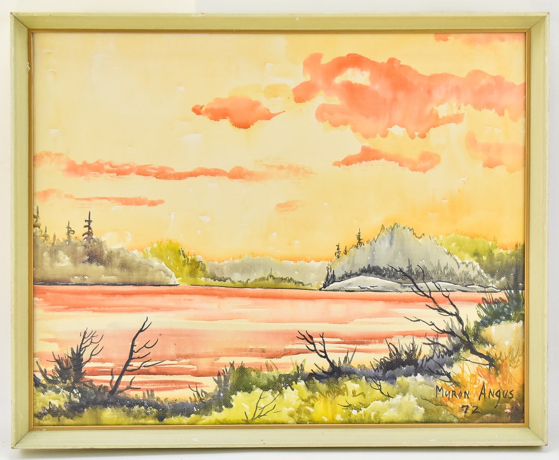 MYRON ANGUS 'SUNSET LANDSCAPE' WATERCOLOR PAINTING: Original sunset landscape watercolor painting on canvas board by artist, Myron Angus (Canada, 1926-2004), signed lower right and dated '72. Art measures 16" H x 20" W presented in a frame