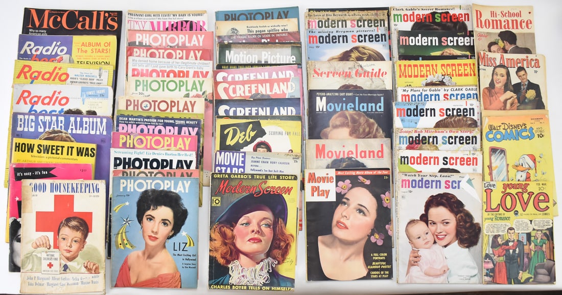 20TH CENTURY SCREEN AND RADIO GUIDES: An assortment of 20th century publications regarding period-era celebrities including: screen and radio guides. The largest item measures 9" W, 17.5" W, 11.5" D.