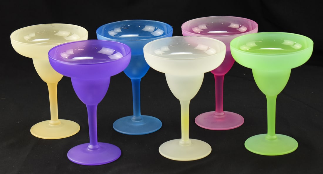 LIBBEY (ATTR.) FROSTED MULTICOLOR MARGARITA GLASSES: This lot includes six Libbey (attributed) frosted multicolor margarita glasses. The item measures 6.5" H, 4.5" W, 4.5" D.
