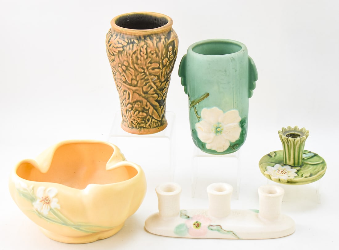 WELLER POTTERY VASES, BOWL, & CANDLE STICKS (1 of 4)