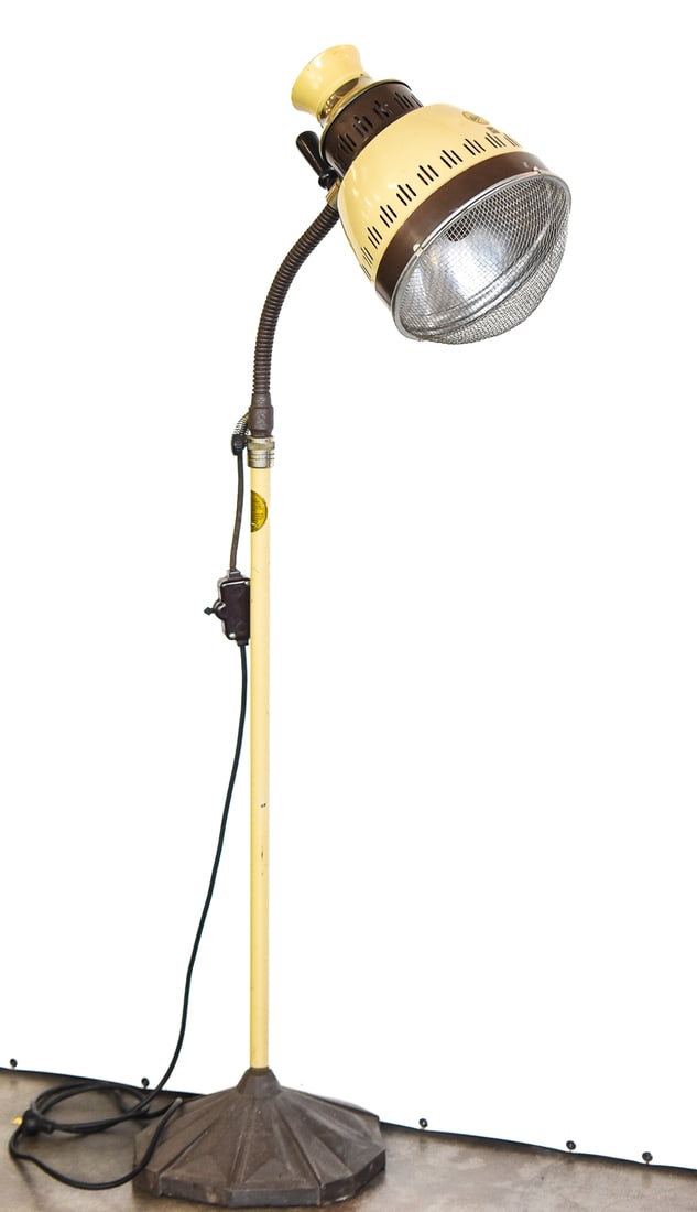 ZOALITE Z-15 MEDICAL FLOOR HEAT LAMP, BURDICK CORPORATION, CIRCA 1920s-30s: A Zoalite Z-15 medical floor heat lamp with a cast iron base made by the Burdick Corporation of Wisconsin, circa 1920-1930s. These Zoalite lamps produced infrared light and heat therapy in medical