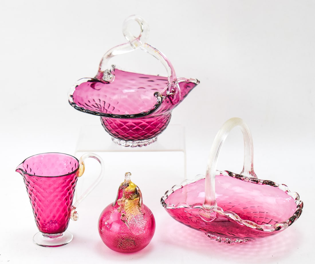 ASSORTMENT OF CRANBERRY GLASS WITH GOLD AVENTURINE: MURANO (1 of 2)
