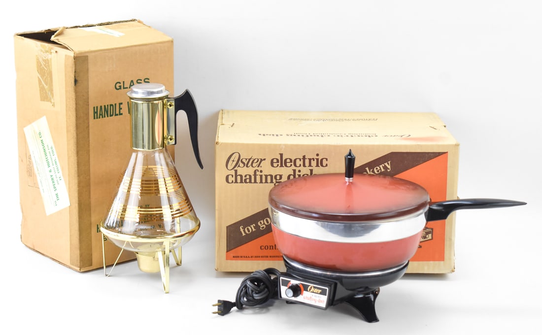 NEW OLD STOCK MID-CENTURY COFFEE CARAFE & OSTER ELECTRIC 'SUPER PAN': A new-old-stock Mid-Century glass coffee carafe with a stand and an Oster electric "Super Pan" chafing dish. The largest item measures 8.5" H x 15" W x 11" D.