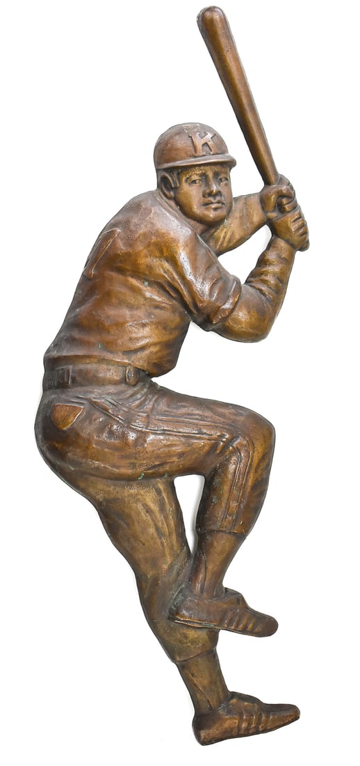 BRASS CASTED BASEBALL PLAYER WALL HANGER: Brass casting of Sadaharu Oh, a Japanese all-time home run hitter who played for the Yomiuri Giants in the South Korean league from 1959-1980. This piece was obtained from the Daegu baseball stadium (