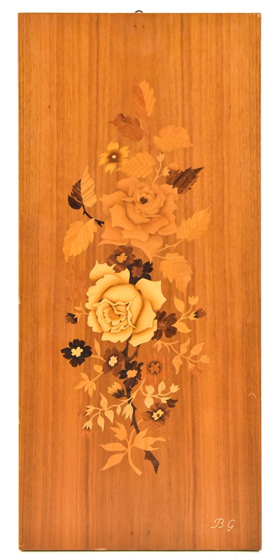 BUCHSMID & GRETAUX SIGNED INLAID FLORAL MARQUETRY PANEL: A Buchsmid & Gretaux signed inlaid floral marquetry panel, circa mid 20th century. The item measures 22" H, 10" W, 1" D.