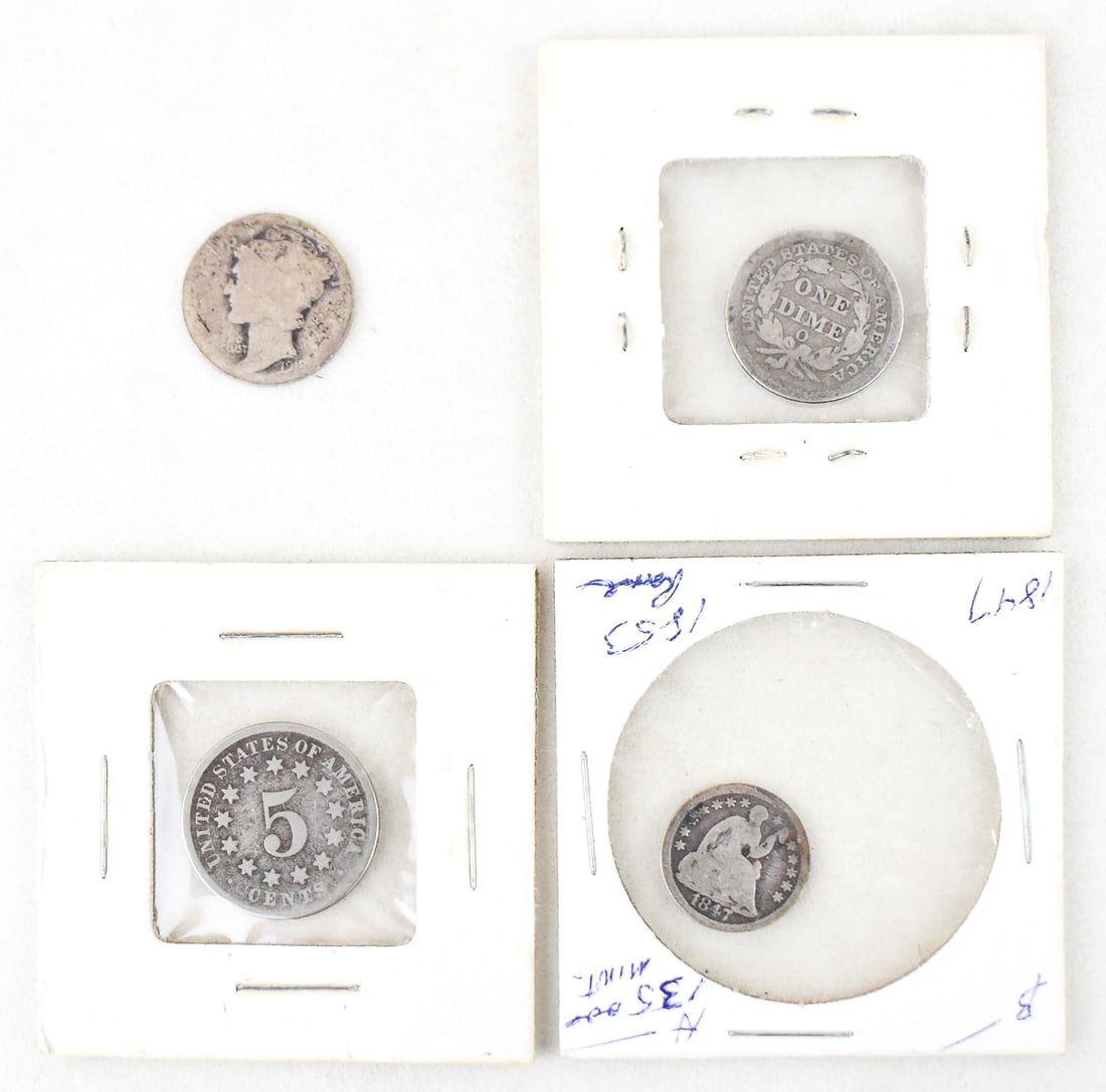 1854-O DIME, 1918 MERCURY DIME, 1847 HALF-DIME, & 1873 SHIELD NICKEL: A 1854-O dime, a 1918 Mercury dime with unreadable maker's mark, a 1847 Half-Dime minted in Philadelphia, and a 1873 Shield Nickel minted in Philadelphia. All the coins except the shield nickel are ma
