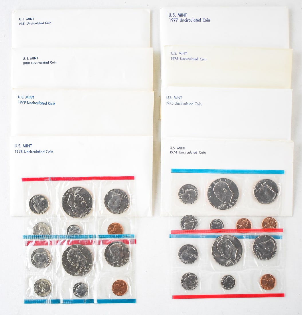 1974-1981 UNCIRCULATED U.S. COIN SETS: Uncirculated U.S. coin sets from the years 1974-1981 from both the Denver and Philadelphia mints. Each set comes in an envelope measuring 3.75" H x 6.75" W x 0.1" D.