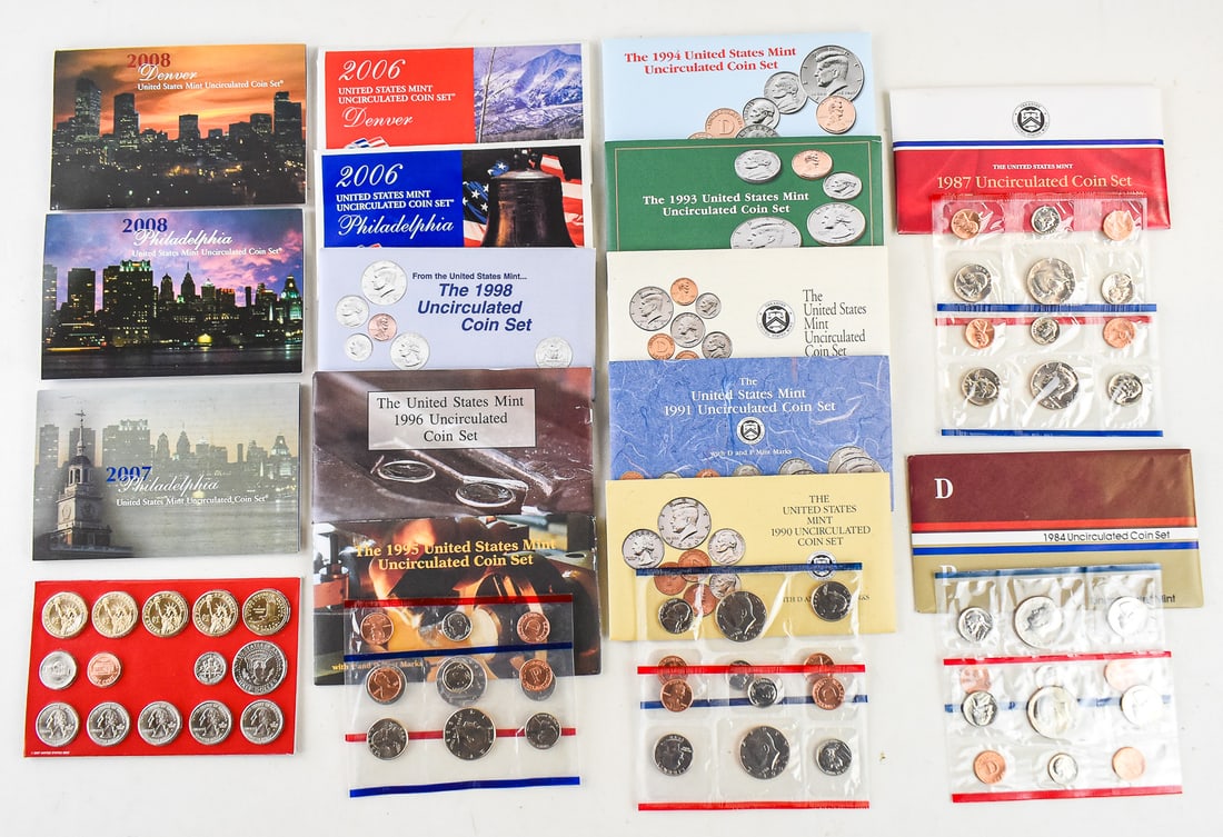 COLLECTION OF U.S. UNCIRCULATED COIN SETS 1984-2008: An assortment of U.S. Mint Uncirculated Coin sets ranging from the year 1984 through 2008, including 1984, 1987, 1990-1996, 1998, and 2006-2008. Each set from each year has every minted coin from