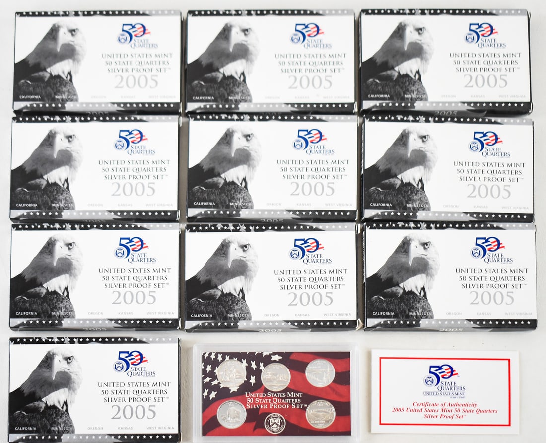 TEN 2005 UNITED STATES STATE QUARTERS SILVER PROOF SETS: Ten 2005 United States Mint 50 State Quarters Silver Proof sets. All coins are struck in 90% silver. Each set measures 3.75" H x 5.75" W x 0.25" D.