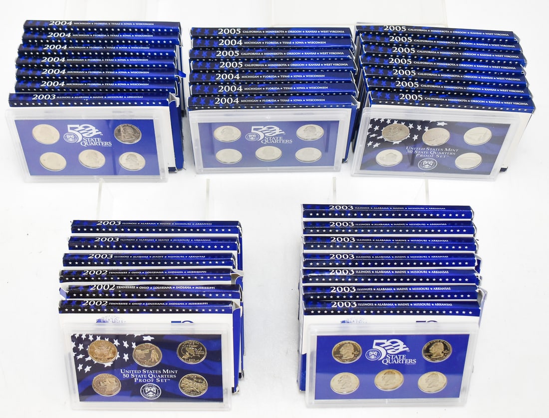 34 2002-2005 U.S. STATE QUARTERS PROOF SETS: An assortment of United States Mint 50 State Quarters Proof Sets including three from 2002, eleven from 2003, ten from 2004, and ten from 2005. Each set contains the five commemorative state quarters 