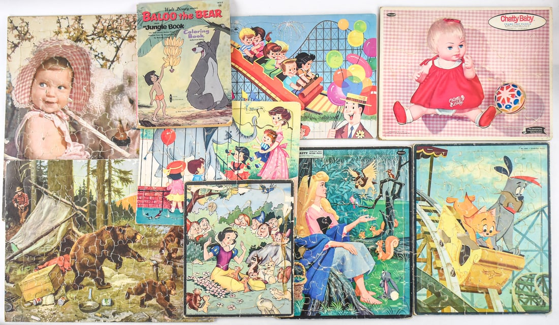 20TH CENTURY DISNEY AND OTHER CARTOON RELATED ITEMS: PICTURE PUZZLES & COLORING BOOK: This lot includes the following 20th century Disney and other cartoon-related items: 1967 The Watkins-Strathmore Company "Baloo the Bear - from the Jungle Book" coloring book, Whitman Publishing Compa
