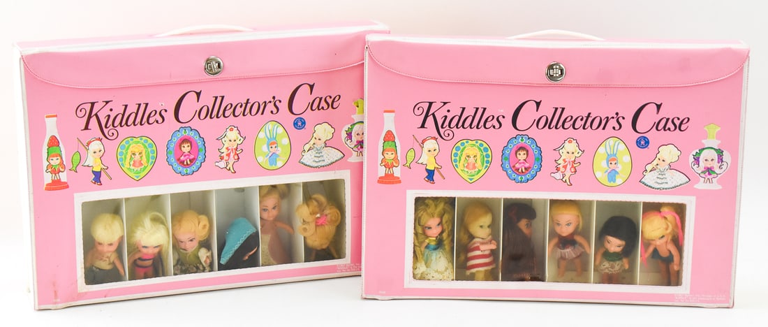 2 LITTLE KIDDLES COLLECTOR'S CASES WITH DOLLS: Both Little Kiddles Collector's Cases each have 6 dolls inside of them. Each case comes with its original dividers, with the handles still in tack and working locks. Each case measures: 10.5" H x 14.5