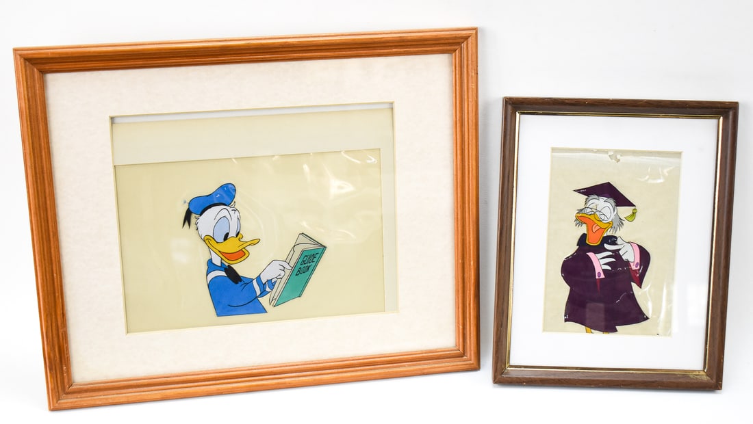 DISNEY STUDIOS FRAMED ANIMATION CELS: DONALD DUCK AND LUDWIG VON DRAKE: This lot includes a Disney Studios framed Donald Duck and Ludwig Von Drake animation cel, circa 1950s. The largest item measures 12.5" H, 15.5" W, 1" D.