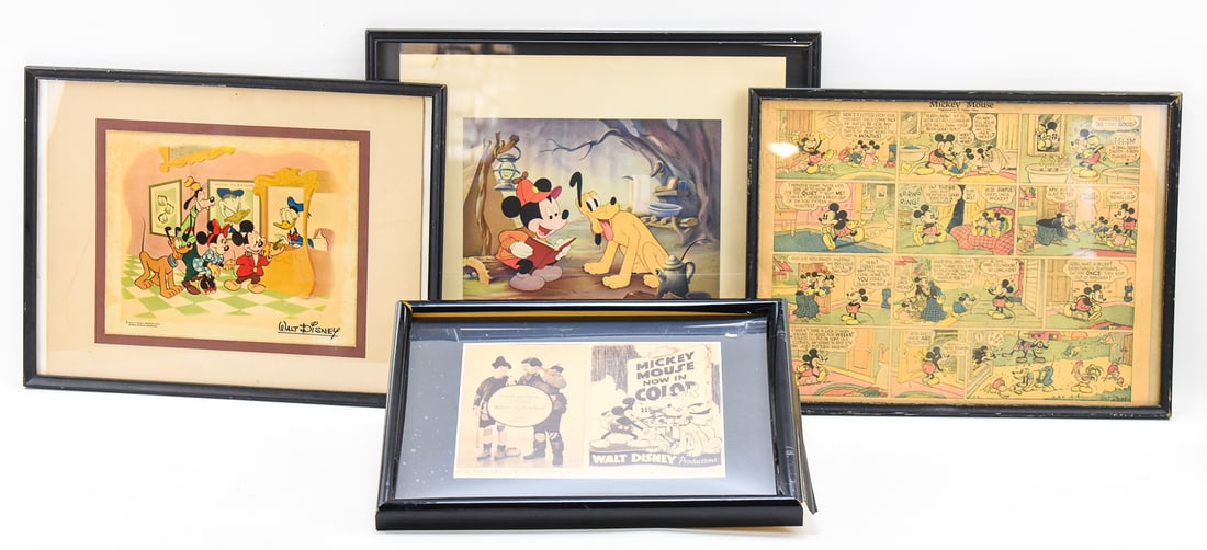 FOUR FRAMED DISNEY MEMORABILIA ITEMS: An assortment of four framed Disney memorabilia items including a newspaper clipping of Disney advertisements for "Babes in Toyland" starring Laurel and Hardy from January 2nd, 1935, a Walt Disney Pro