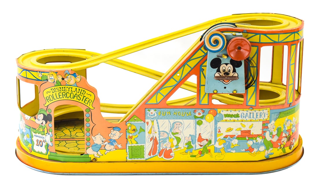 J. CHEIN & COMPANY TIN LITHO DISNEYLAND ROLLERCOASTER: A J. Chein & Company tin litho Disneyland rollercoaster, circa 1950s. The item measures 10" H x 18" W x 9" D.