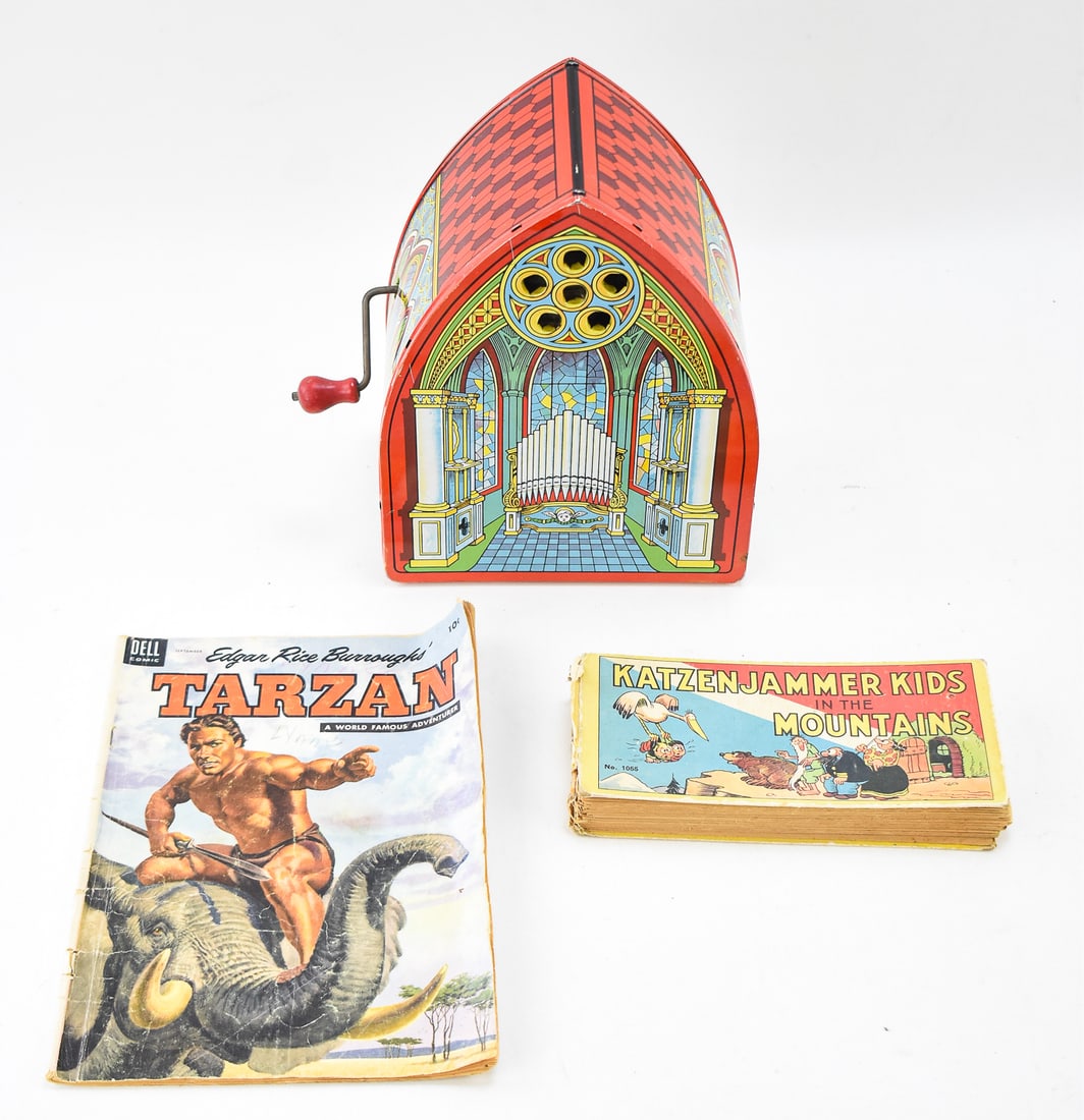J. CHEIN MUSICAL CATHEDRAL ORGAN, 1934 'KATZENJAMMER KIDS' BOOK, & 1954 'TARZAN' COMIC BOOK (1 of 2)