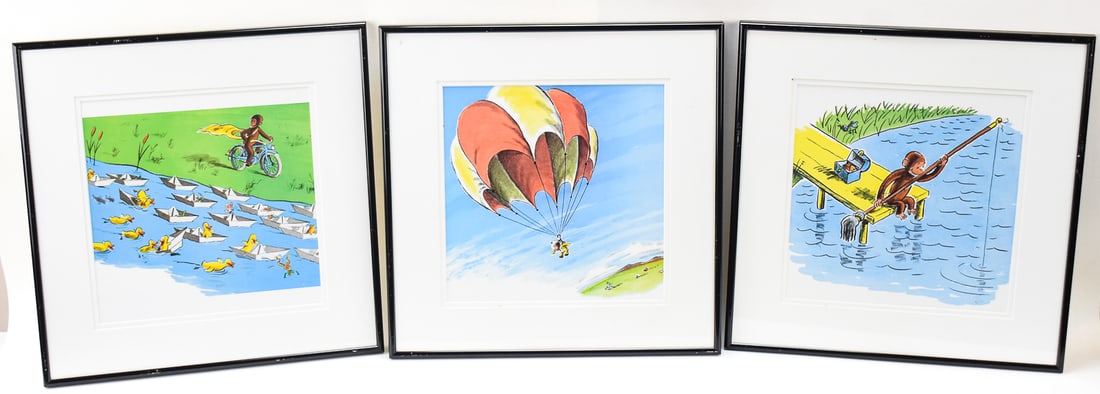 TRIO OF 'CURIOUS GEORGE' FRAMED PRINTS: A trio of framed prints featuring the beloved fictional monkey "Curious George" of the popular children's book series created by Margret and H.A. Rey in 1941. Art measures 10.5" H x 10.5" W presented