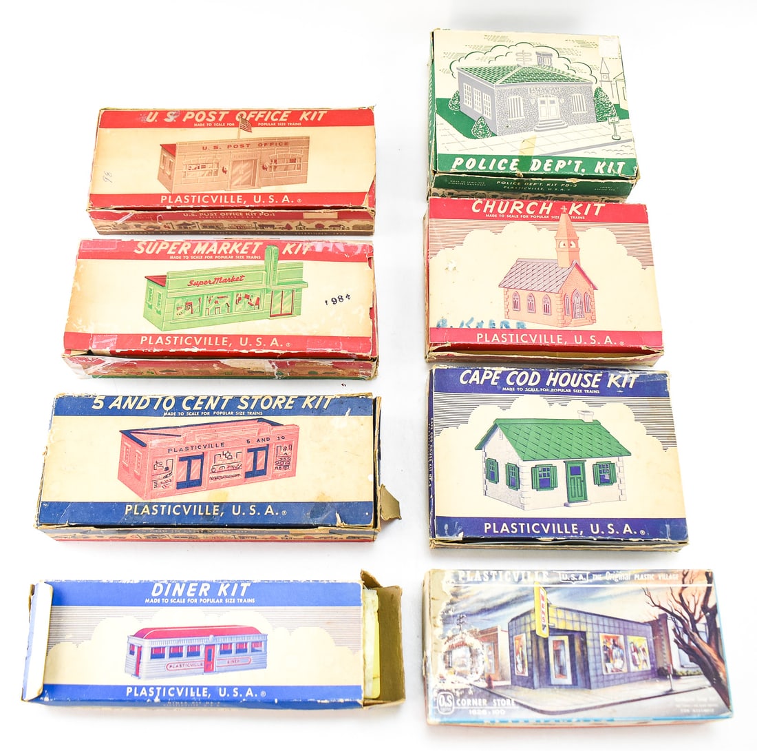 8 KITS BY PLASTICVILLE TOWN: This lot includes 8 various town building kits from Plasticville in their original boxes. Buildings include: 5 & 10 Cent Store, US Post Office, Diner, Cape Cod House, Police Department, Church, Su