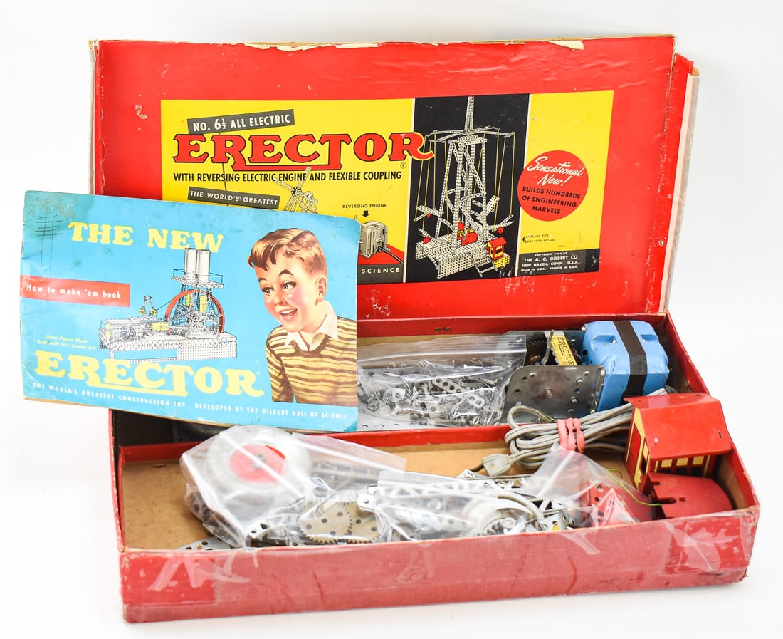 ERECTOR SET COMPLETE IN BOX: Erector, 100 toys in one, complete in box. Manufactured by the A.C.Gilbert Company our of New Haven, Connecticut. Box measures 10" H x 18" W x 3.5" D.