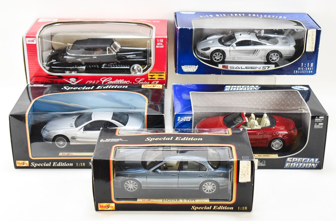 METAL DIE-CAST 1:18 SCALE MODEL CARS: MOTORMAX, MAISTO, ANSON: A Motormax Saleen S7 made in 2001, a Maisto Lexus SC430 made in 2005, a Maisto Jaguar S-Type made in 1999, a Maisto Special Edition Mercedes-Benz SL 55 AMG made in 2003, and an Anson 1947 Cadillac