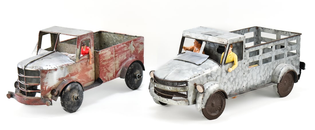 TWO VINTAGE METAL HANDCRAFTED DELIVERY TRUCKS & ACTION FIGURES: A-TEAM HANNIBAL: Includes two vintage delivery or farm metal trucks that appear to be handcrafted. One of the trucks has two action figures driving: A Playskool dad with yellow shirt, and a 1983 Galoob (Cannel