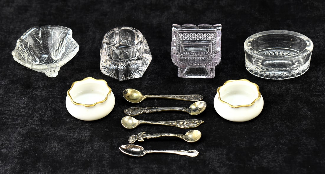 ASSORTMENT OF SALT CELLARS & STERLING SILVER SALT SPOONS (1 of 2)