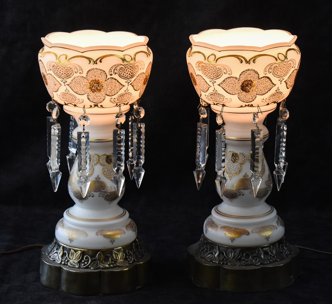 PAIR OF BOHEMIAN SATIN MILK GLASS MANTLE LUSTRE LAMPS (1 of 3)