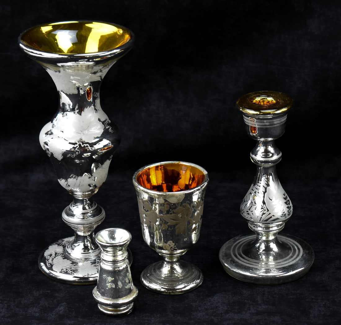 MERCURY GLASS VASES, CANDLESTICK, & GOBLET, C. 19TH CENTURY (1 of 2)