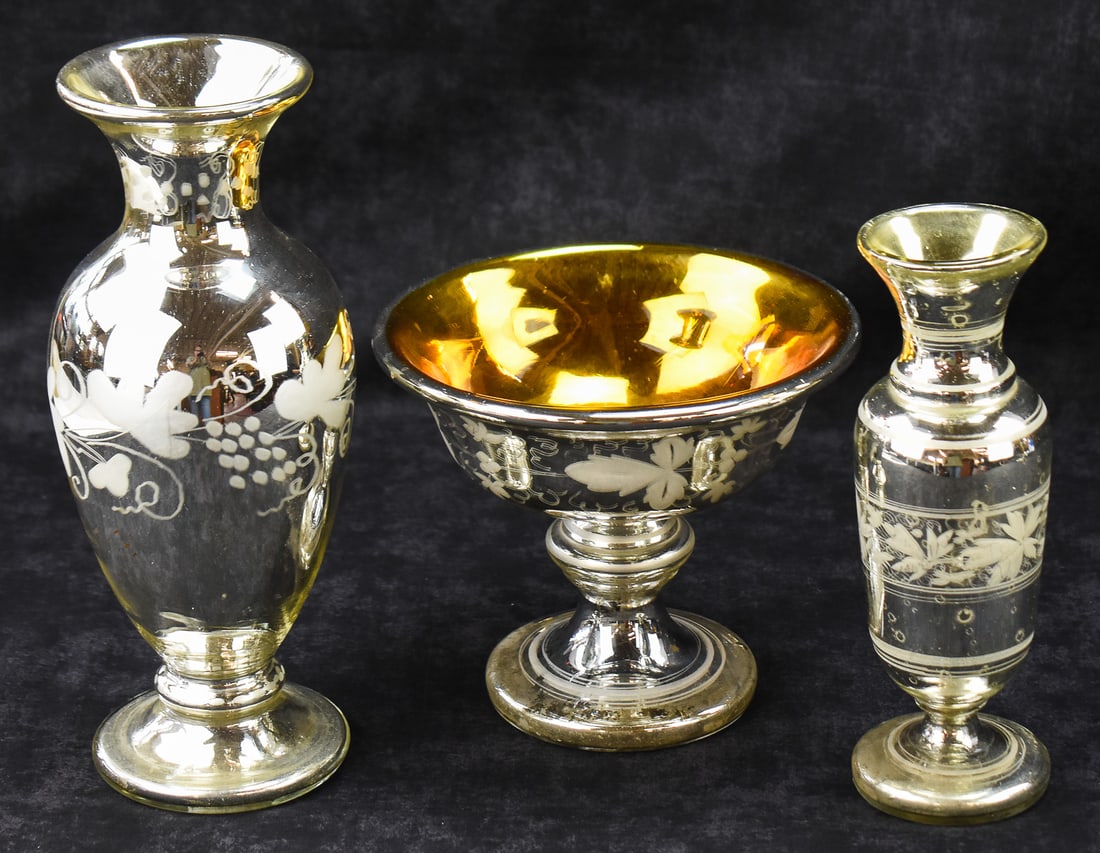 MERCURY GLASS VASES & LARGE COMPOTE, C. 19TH CENTURY (1 of 2)