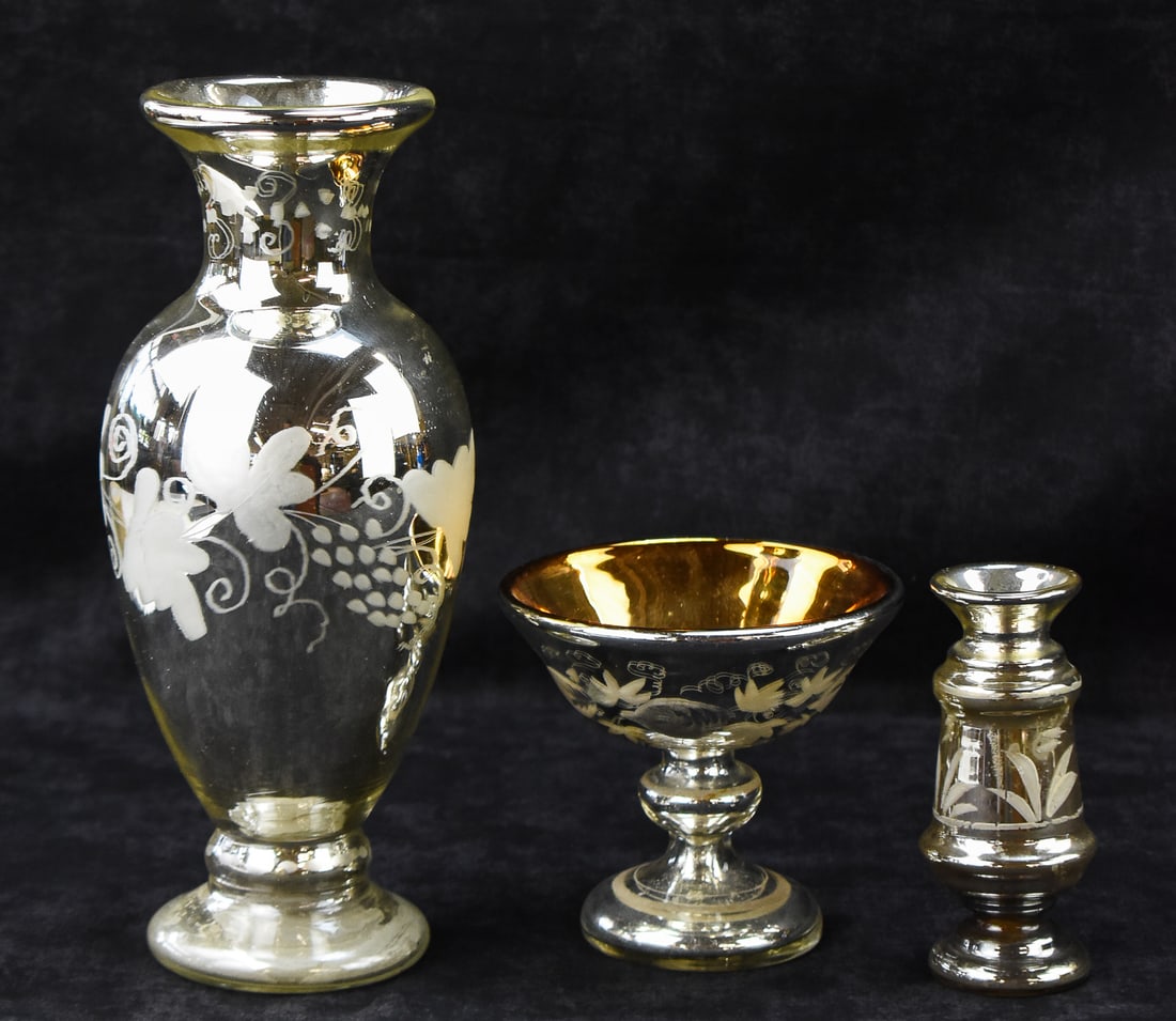 MERCURY GLASS VASES & COMPOTE, C. 19TH CENTURY (1 of 2)