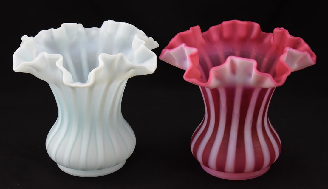 PAIR OF FENTON RUFFLED RIM STRIPED ART GLASS VASES (1 of 4)