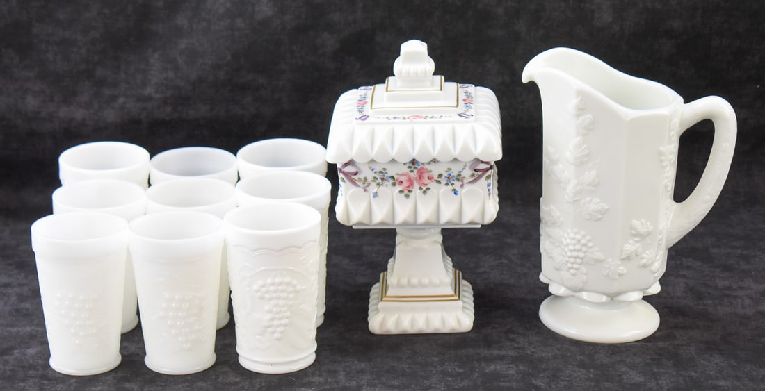 IMPERIAL/WESTMORELAND GLASS GRAPE PATTERN TUMBLERS, PITCHER, AND WEDDING BOWL (1 of 2)
