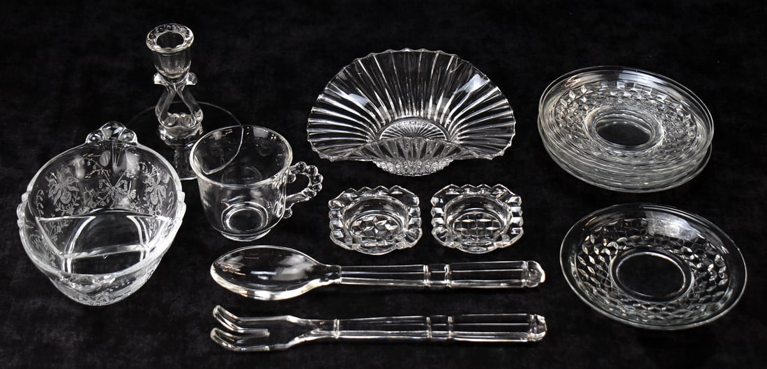 CLEAR GLASS & CRYSTAL ASSORTMENT: FOSTORIA, HEISEY, IMPERIAL GLASS: An assortment of clear glass and crystal dishware: set of five small plates and two Fostoria "American" ashtrays, Heisey "Orchid" divided relish dish, Imperial Glass "Candlewick" crystal cup, Viking G