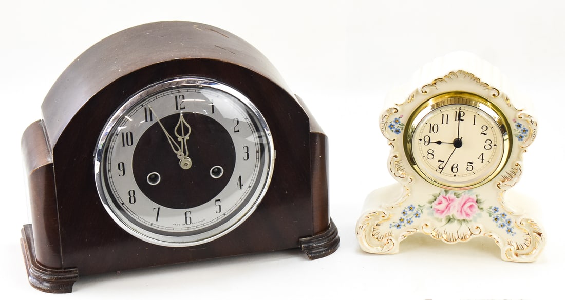 TWO MANTLE CLOCKS: ENGLISH "SMITHS" WOOD CLOCK AND PORCELAIN CLOCK (1 of 3)